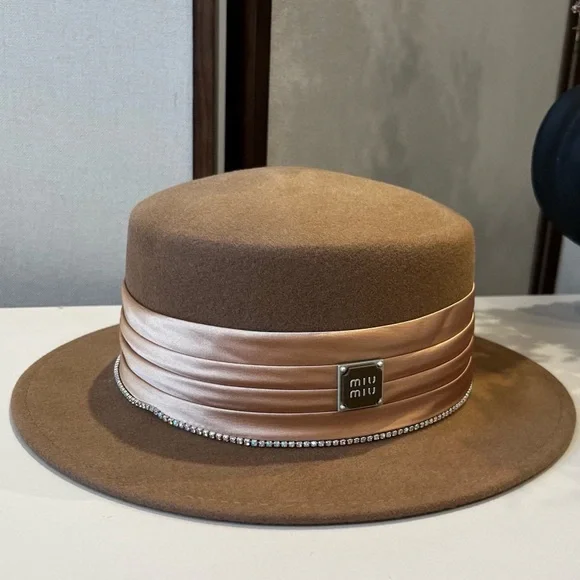 Women's Miu Miu Tan Hat with Satin Band and Rhinestone Trim